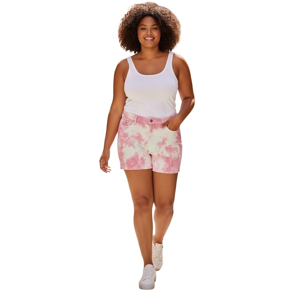 Tommy Jeans Womens‎ High Rise Stretch Mom Shorts Pink Tie Dye Size 16 Waist 33